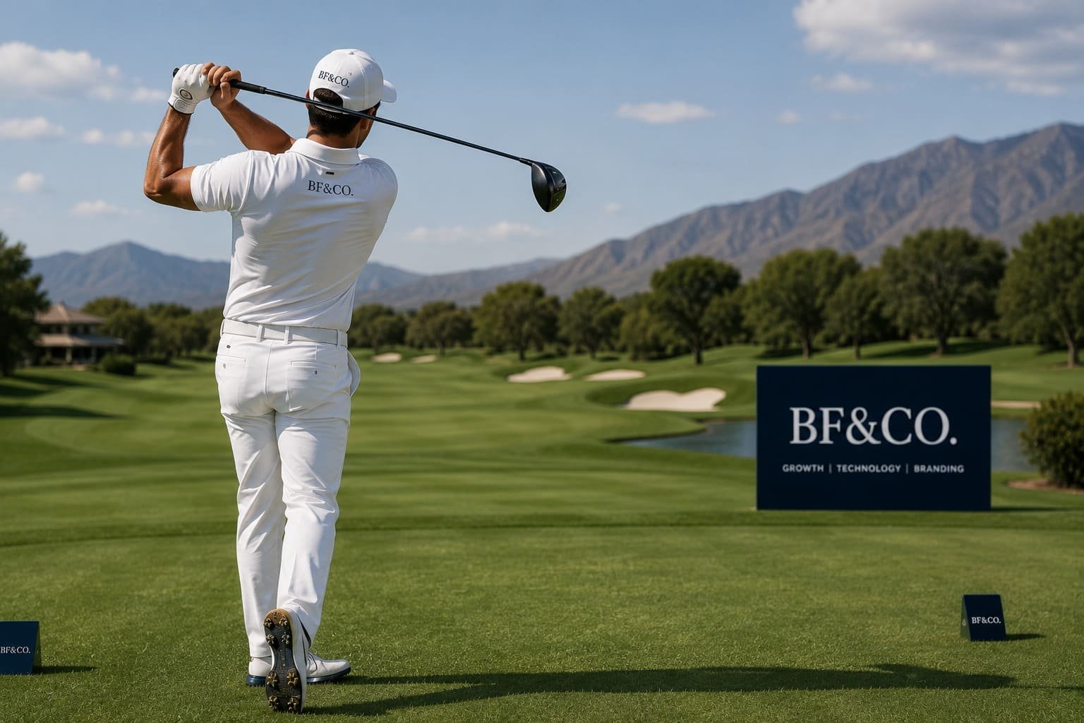 Golfista com uniforme e sinalização da marca BF&CO. em campo.