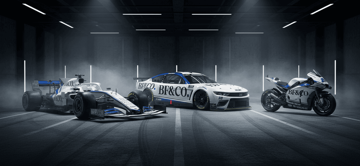 Carro de Fórmula 1, stock car e moto de competição com a marca BF&CO. em estúdio.